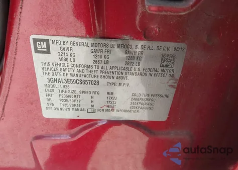 2012 Chevrolet Captiva Sport Lt из США, поврежденный, VIN 3GNAL3E59CS657028